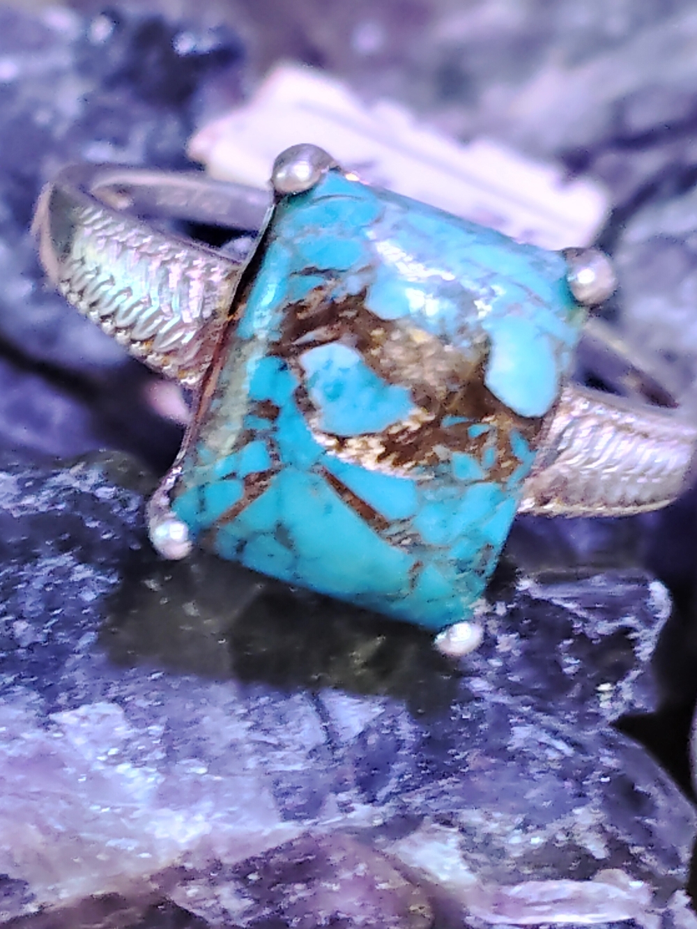 MOJAVE TURQUOISE, STERLING SILVER RING. NATURAL MOJAVE MATRIX-EMERALD CUT. SZ-9